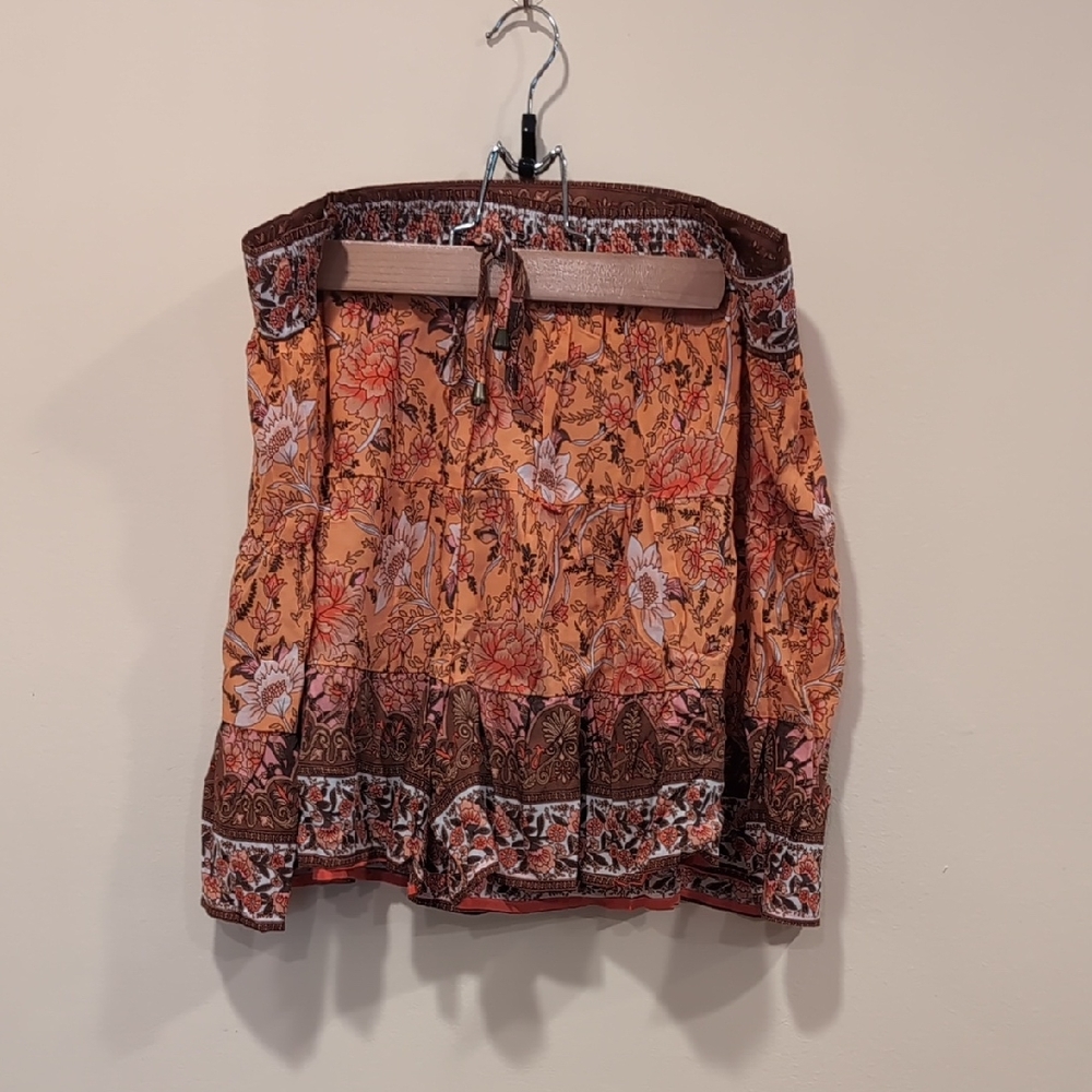 Umgee Vibrant Orange and Brown Floral Skirt
